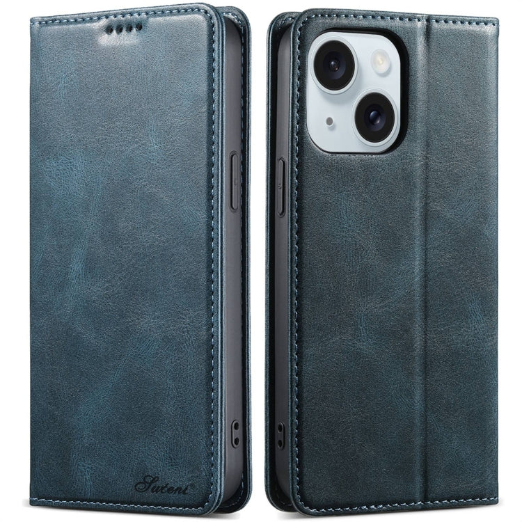 For iPhone 15 Suteni J02 Oil Wax Wallet Leather Phone Case(Blue) - iPhone 15 Cases by Suteni | Online Shopping UK | buy2fix