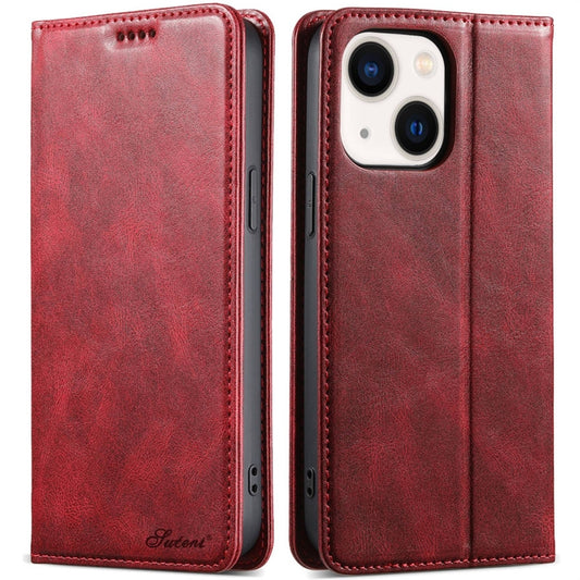 For iPhone 14 Suteni J02 Oil Wax Wallet Leather Phone Case(Red) - iPhone 14 Cases by Suteni | Online Shopping UK | buy2fix