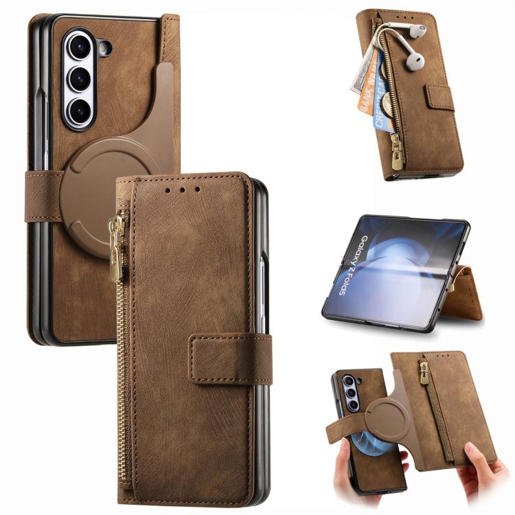 For Samsung Galaxy Z Fold5 5G Retro MagSafe Magnetic Zipper Wallet Leather Phone Case(Brown) by buy2fix