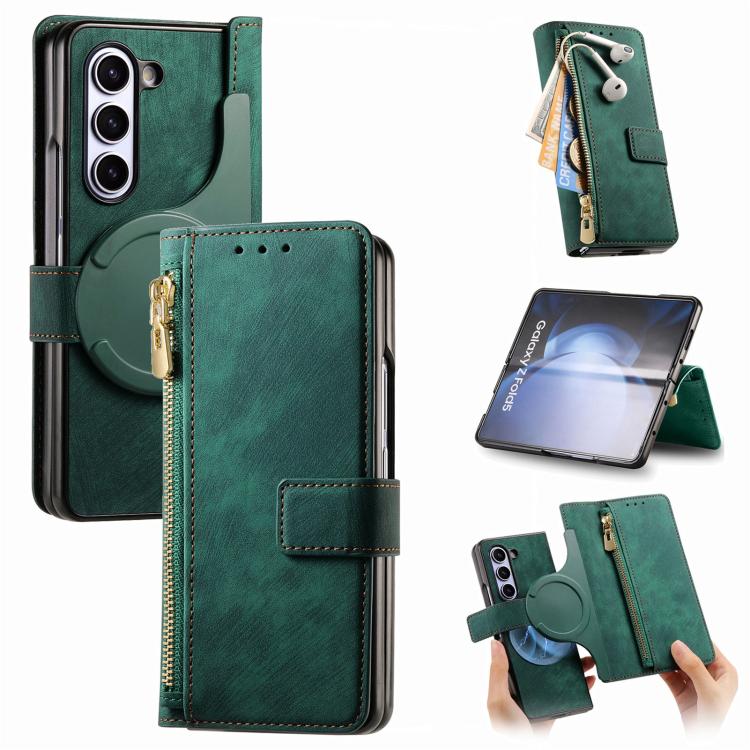 For Samsung Galaxy Z Fold5 5G Retro MagSafe Magnetic Zipper Wallet Leather Phone Case(Green) by buy2fix