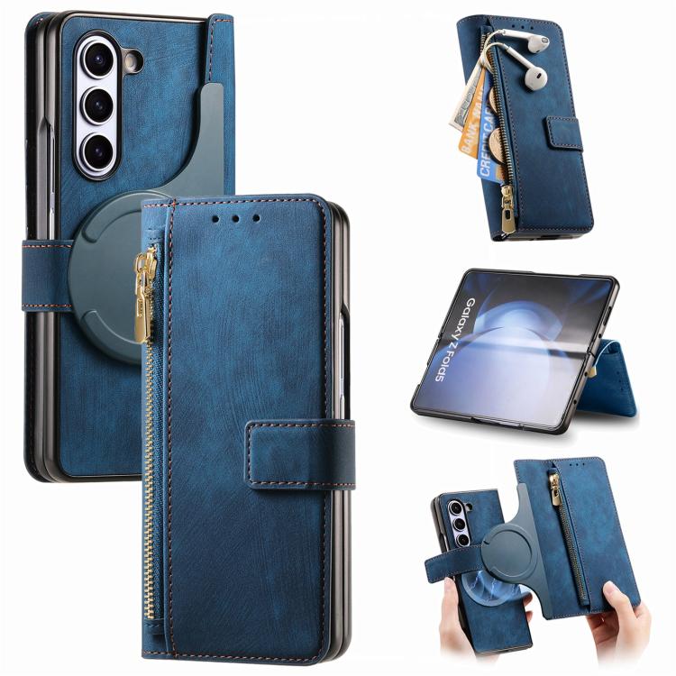For Samsung Galaxy Z Fold5 5G Retro MagSafe Magnetic Zipper Wallet Leather Phone Case(Blue) by buy2fix