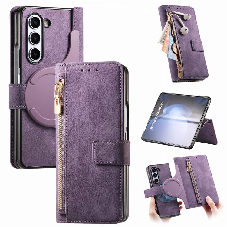 For Samsung Galaxy Z Fold5 5G Retro MagSafe Magnetic Zipper Wallet Leather Phone Case(Purple) by buy2fix