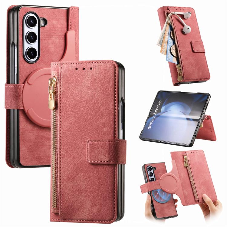 For Samsung Galaxy Z Fold5 5G Retro MagSafe Magnetic Zipper Wallet Leather Phone Case(Pink) by buy2fix