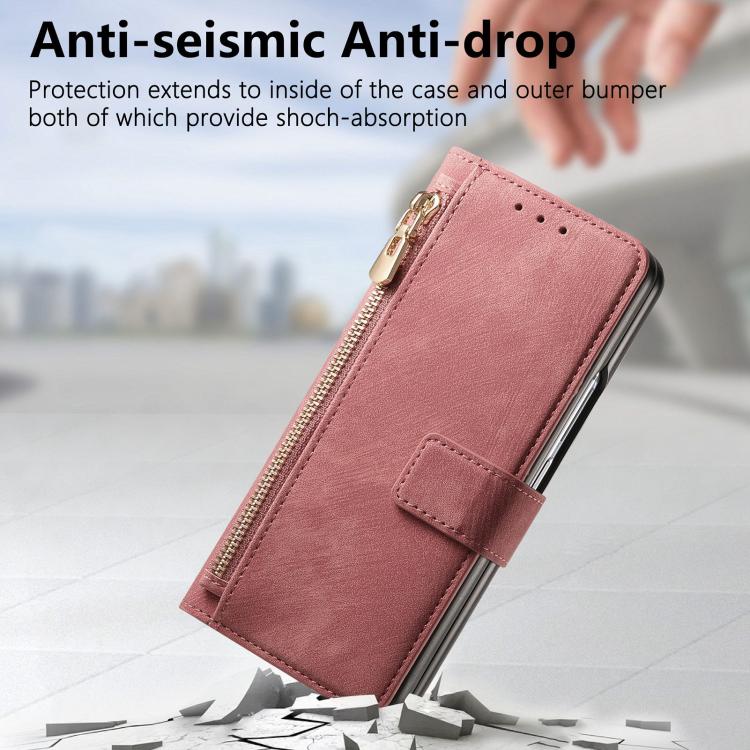 For Samsung Galaxy Z Fold5 5G Retro MagSafe Magnetic Zipper Wallet Leather Phone Case(Pink) by buy2fix