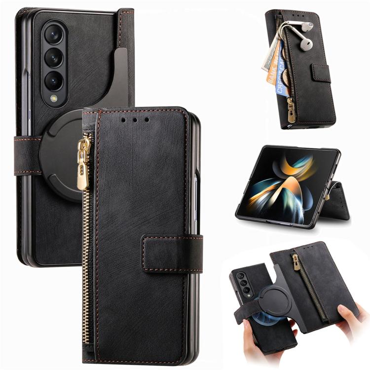 For Samsung Galaxy Z Fold4 Retro MagSafe Magnetic Zipper Wallet Leather Phone Case(Black) by buy2fix