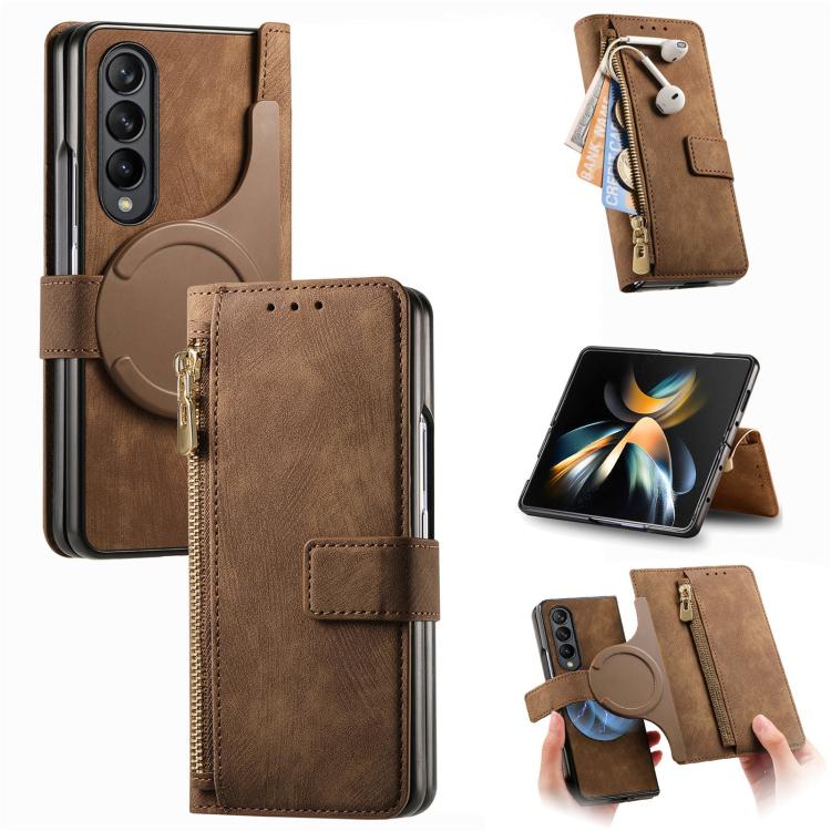 For Samsung Galaxy Z Fold4 Retro MagSafe Magnetic Zipper Wallet Leather Phone Case(Brown) by buy2fix