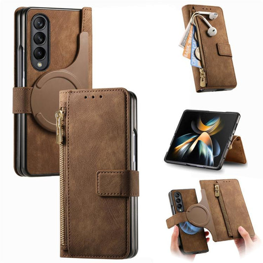 For Samsung Galaxy Z Fold4 Retro MagSafe Magnetic Zipper Wallet Leather Phone Case(Brown) by buy2fix