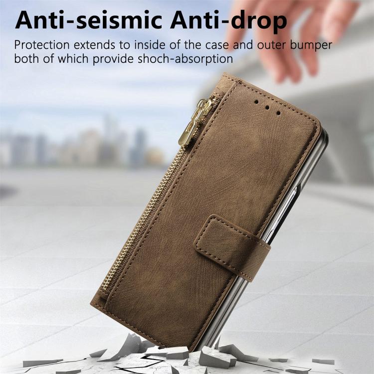 For Samsung Galaxy Z Fold4 Retro MagSafe Magnetic Zipper Wallet Leather Phone Case(Brown) by buy2fix