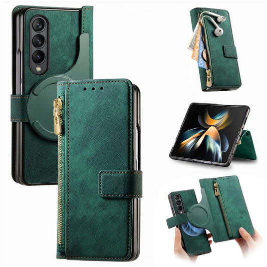 For Samsung Galaxy Z Fold4 Retro MagSafe Magnetic Zipper Wallet Leather Phone Case(Green) by buy2fix