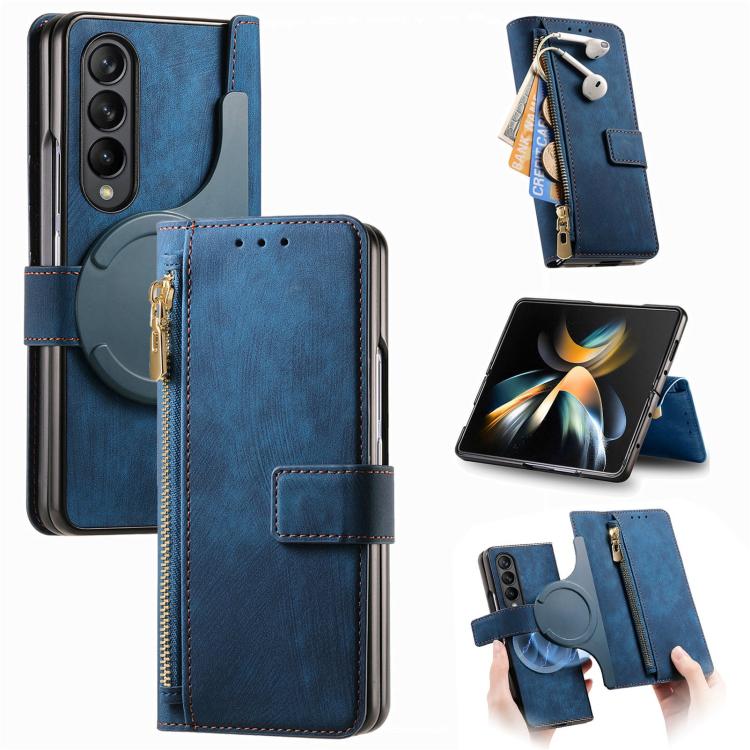 For Samsung Galaxy Z Fold4 Retro MagSafe Magnetic Zipper Wallet Leather Phone Case(Blue) by buy2fix