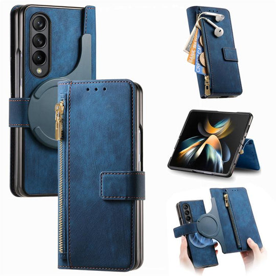 For Samsung Galaxy Z Fold4 Retro MagSafe Magnetic Zipper Wallet Leather Phone Case(Blue)