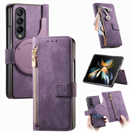 For Samsung Galaxy Z Fold4 Retro MagSafe Magnetic Zipper Wallet Leather Phone Case(Purple) by buy2fix