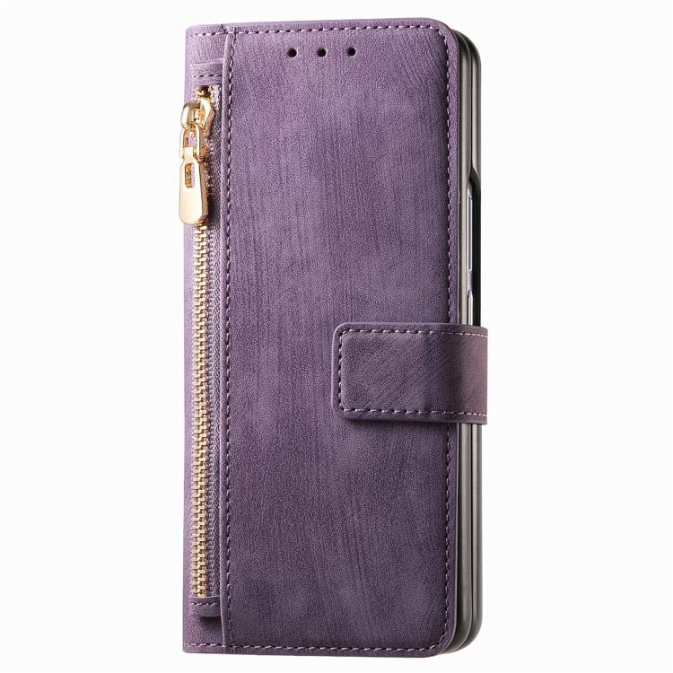 For Samsung Galaxy Z Fold4 Retro MagSafe Magnetic Zipper Wallet Leather Phone Case(Purple) by buy2fix