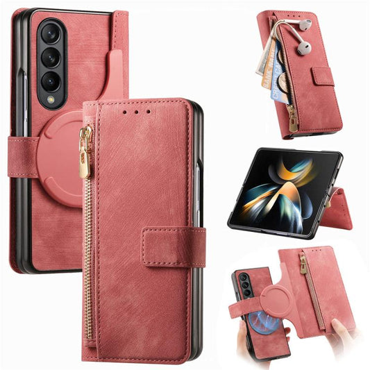 For Samsung Galaxy Z Fold4 Retro MagSafe Magnetic Zipper Wallet Leather Phone Case(Pink) by buy2fix