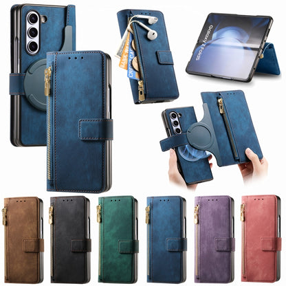 For Samsung Galaxy Z Fold5 5G Retro MagSafe Magnetic Zipper Wallet Leather Phone Case(Blue) by buy2fix