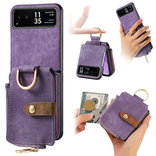 For Motorola Razr 40 Retro Skin-feel Ring Multi-card Wallet Phone Case(Purple) by buy2fix