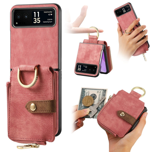 For Motorola Razr 40 Retro Skin-feel Ring Multi-card Wallet Phone Case(Pink) by buy2fix