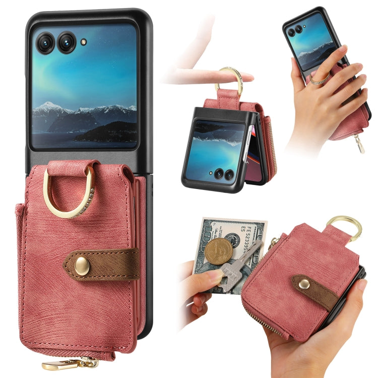 For Motorola Razr 40 Ultra Retro Skin-feel Ring Multi-card Wallet Phone Case(Pink) by buy2fix