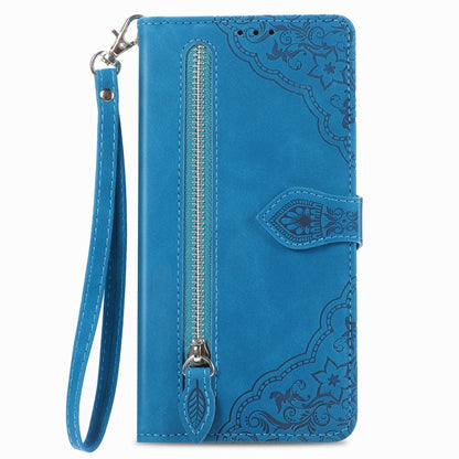 For Blackview A200 Pro Embossed Flower Zipper Leather Phone Case(Blue) - More Brand by buy2fix | Online Shopping UK | buy2fix