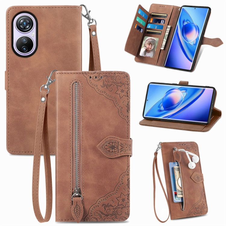 For Blackview A200 Pro Embossed Flower Zipper Leather Phone Case(Brown) - More Brand by buy2fix | Online Shopping UK | buy2fix