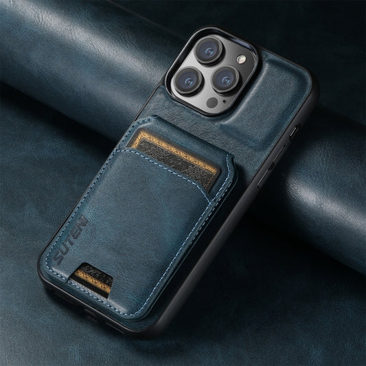 For iPhone 16 Pro Suteni H02 Leather Wallet Stand Back Phone Case(Blue) by Suteni