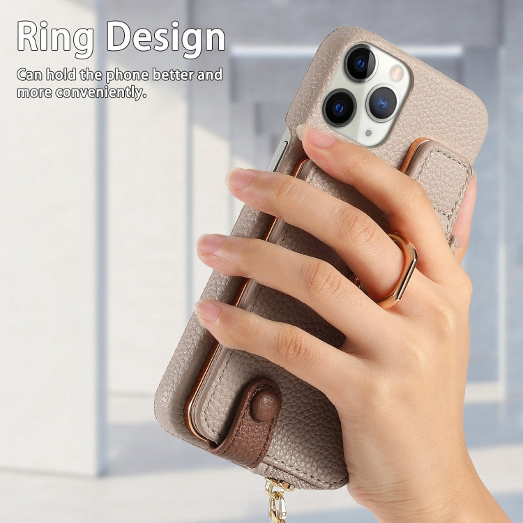 For iPhone 11 Pro Max Litchi Leather Oil Edge Ring Zipper Wallet Back Phone Case(Khaki) - iPhone 11 Pro Max Cases by buy2fix | Online Shopping UK | buy2fix