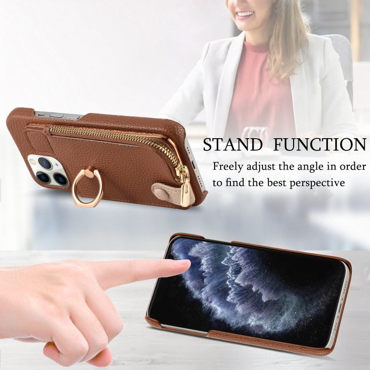 For iPhone 11 Pro Litchi Leather Oil Edge Ring Zipper Wallet Back Phone Case(Brown) - iPhone 11 Pro Cases by buy2fix | Online Shopping UK | buy2fix