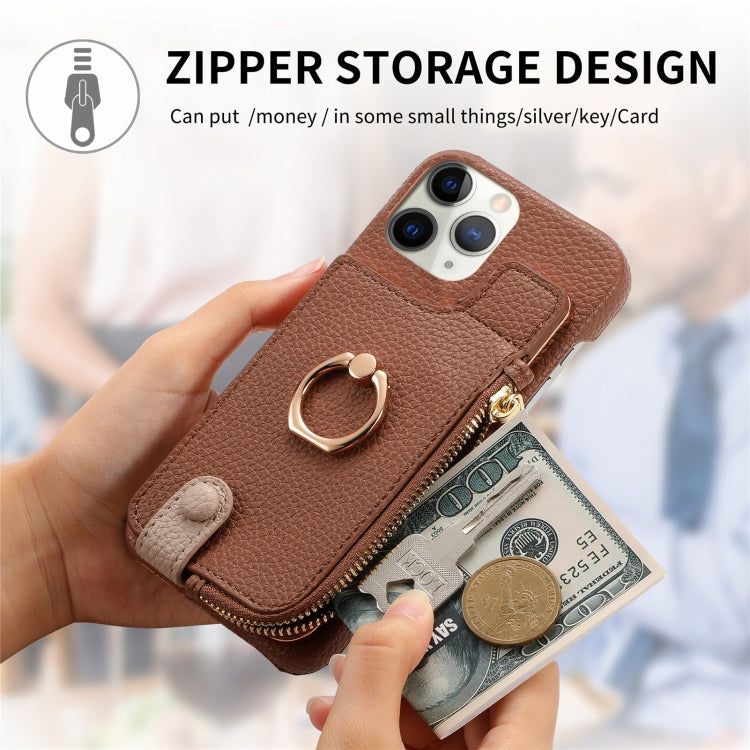 For iPhone 11 Pro Litchi Leather Oil Edge Ring Zipper Wallet Back Phone Case(Brown) - iPhone 11 Pro Cases by buy2fix | Online Shopping UK | buy2fix