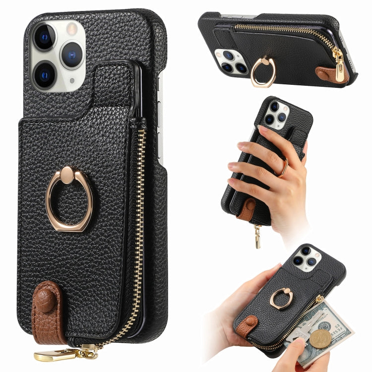 For iPhone 11 Pro Litchi Leather Oil Edge Ring Zipper Wallet Back Phone Case(Black) - iPhone 11 Pro Cases by buy2fix | Online Shopping UK | buy2fix