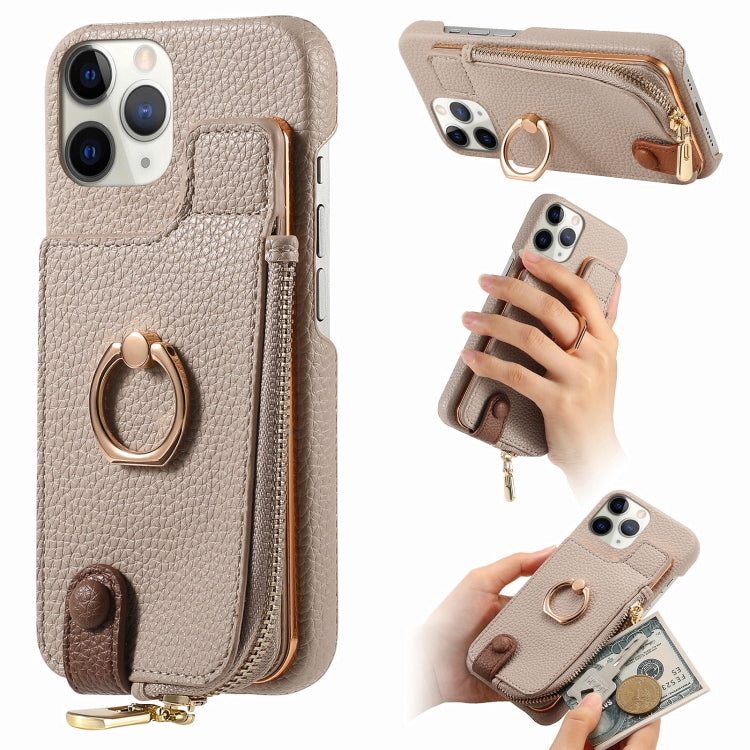 For iPhone 11 Pro Litchi Leather Oil Edge Ring Zipper Wallet Back Phone Case(Khaki) - iPhone 11 Pro Cases by buy2fix | Online Shopping UK | buy2fix