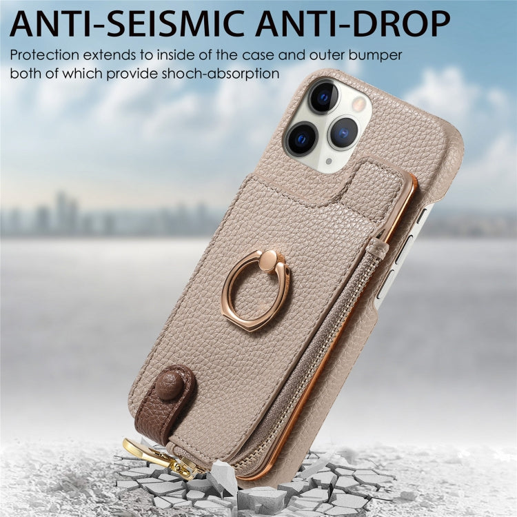 For iPhone 11 Pro Litchi Leather Oil Edge Ring Zipper Wallet Back Phone Case(Khaki) - iPhone 11 Pro Cases by buy2fix | Online Shopping UK | buy2fix