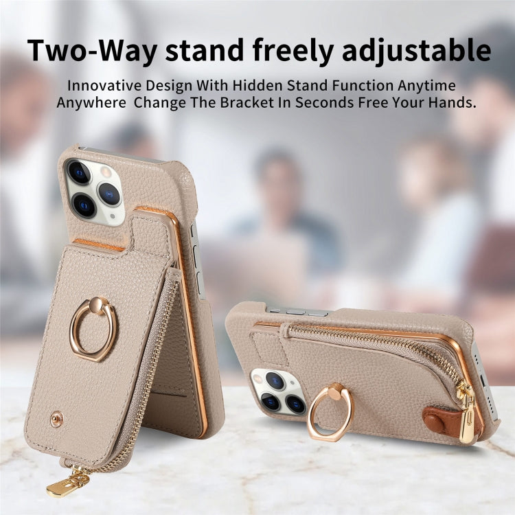 For iPhone 11 Pro Litchi Leather Oil Edge Ring Zipper Wallet Back Phone Case(Khaki) - iPhone 11 Pro Cases by buy2fix | Online Shopping UK | buy2fix
