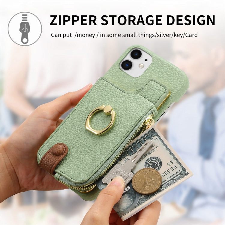 For iPhone 11 Litchi Leather Oil Edge Ring Zipper Wallet Back Phone Case(Tea Green) - iPhone 11 Cases by buy2fix | Online Shopping UK | buy2fix