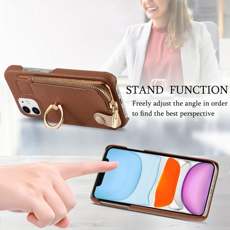For iPhone 11 Litchi Leather Oil Edge Ring Zipper Wallet Back Phone Case(Brown) - iPhone 11 Cases by buy2fix | Online Shopping UK | buy2fix