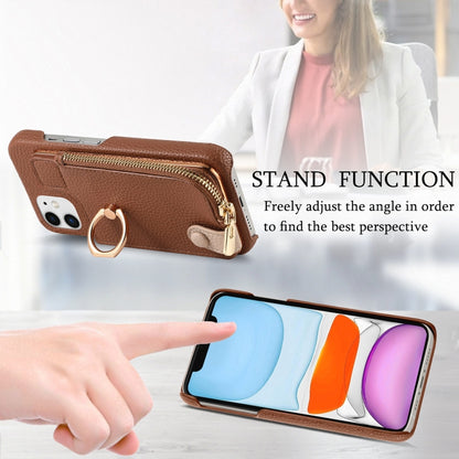 For iPhone 11 Litchi Leather Oil Edge Ring Zipper Wallet Back Phone Case(Brown) - iPhone 11 Cases by buy2fix | Online Shopping UK | buy2fix