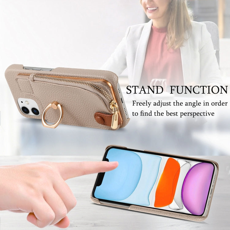 For iPhone 11 Litchi Leather Oil Edge Ring Zipper Wallet Back Phone Case(Khaki) - iPhone 11 Cases by buy2fix | Online Shopping UK | buy2fix