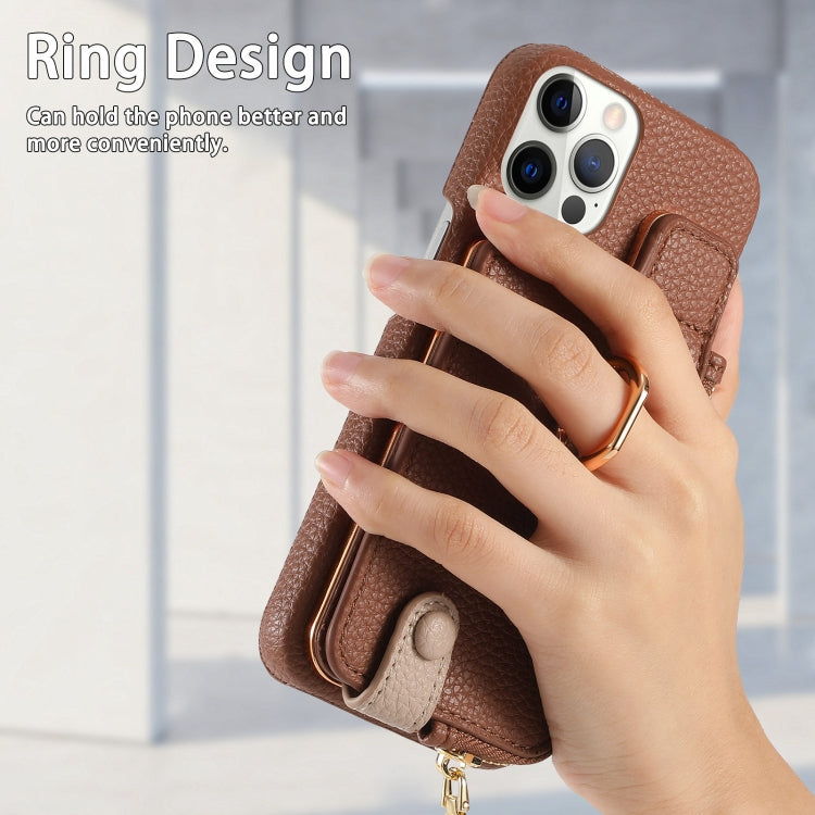 For iPhone 12 Pro Max Litchi Leather Oil Edge Ring Zipper Wallet Back Phone Case(Brown) - iPhone 12 Pro Max Cases by buy2fix | Online Shopping UK | buy2fix