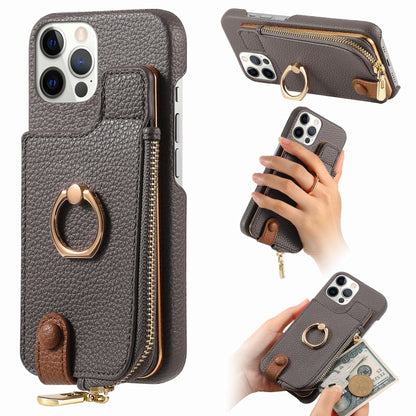 For iPhone 12 Pro Max Litchi Leather Oil Edge Ring Zipper Wallet Back Phone Case(Grey) - iPhone 12 Pro Max Cases by buy2fix | Online Shopping UK | buy2fix