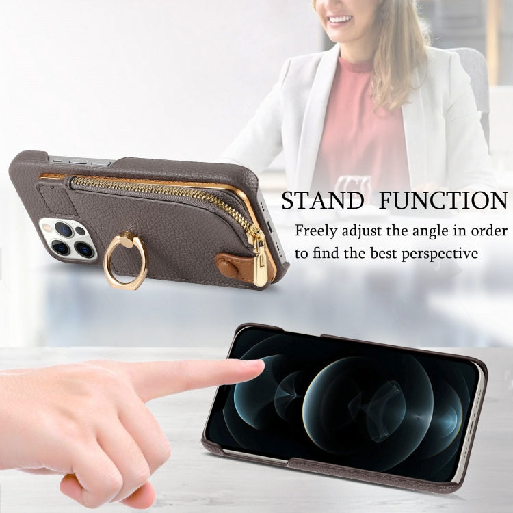For iPhone 12 Pro Max Litchi Leather Oil Edge Ring Zipper Wallet Back Phone Case(Grey) - iPhone 12 Pro Max Cases by buy2fix | Online Shopping UK | buy2fix