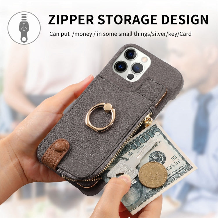 For iPhone 12 Pro Max Litchi Leather Oil Edge Ring Zipper Wallet Back Phone Case(Grey) - iPhone 12 Pro Max Cases by buy2fix | Online Shopping UK | buy2fix
