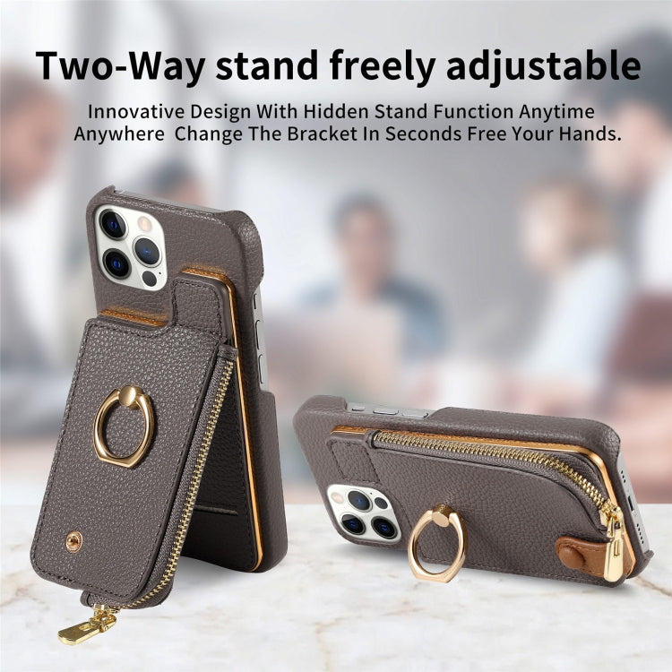 For iPhone 12 Pro Max Litchi Leather Oil Edge Ring Zipper Wallet Back Phone Case(Grey) - iPhone 12 Pro Max Cases by buy2fix | Online Shopping UK | buy2fix