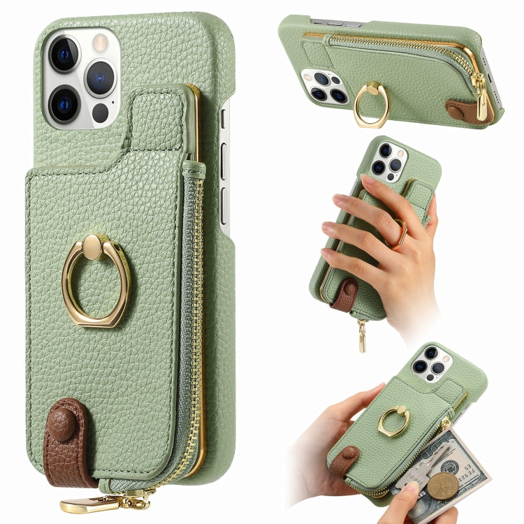 For iPhone 12 Pro Litchi Leather Oil Edge Ring Zipper Wallet Back Phone Case(Tea Green) - iPhone 12 / 12 Pro Cases by buy2fix | Online Shopping UK | buy2fix