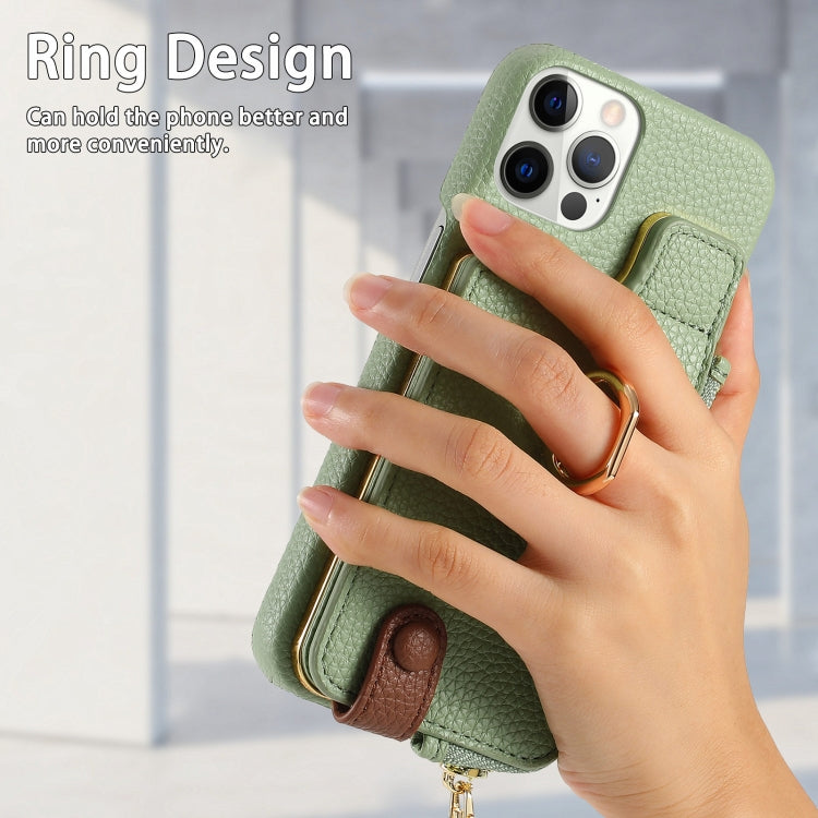 For iPhone 12 Pro Litchi Leather Oil Edge Ring Zipper Wallet Back Phone Case(Tea Green) - iPhone 12 / 12 Pro Cases by buy2fix | Online Shopping UK | buy2fix