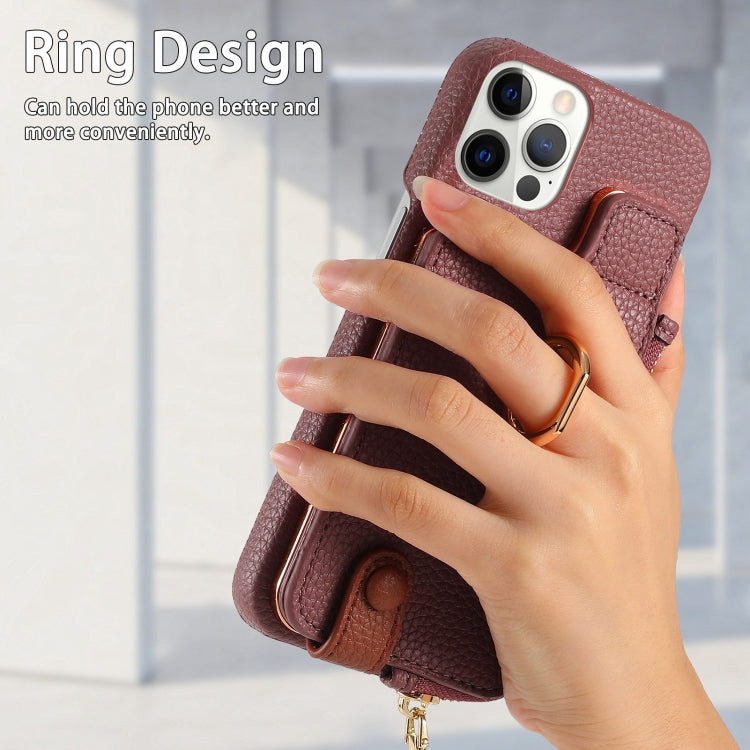 For iPhone 12 Pro Litchi Leather Oil Edge Ring Zipper Wallet Back Phone Case(Jujube Apricot) - iPhone 12 / 12 Pro Cases by buy2fix | Online Shopping UK | buy2fix