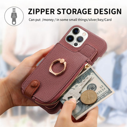For iPhone 12 Pro Litchi Leather Oil Edge Ring Zipper Wallet Back Phone Case(Jujube Apricot) - iPhone 12 / 12 Pro Cases by buy2fix | Online Shopping UK | buy2fix