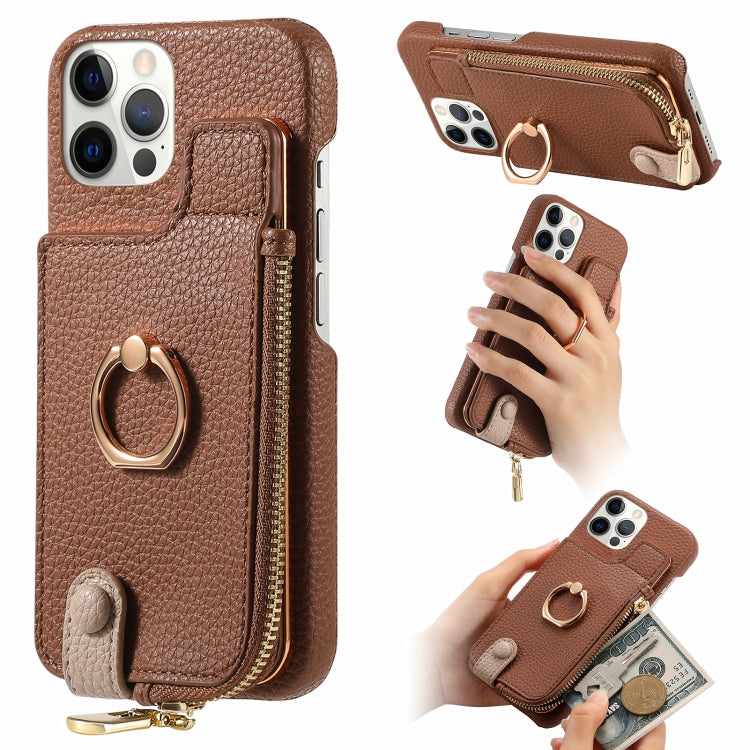 For iPhone 12 Pro Litchi Leather Oil Edge Ring Zipper Wallet Back Phone Case(Brown) - iPhone 12 / 12 Pro Cases by buy2fix | Online Shopping UK | buy2fix