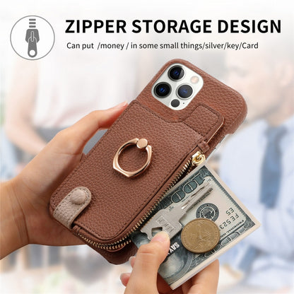 For iPhone 12 Pro Litchi Leather Oil Edge Ring Zipper Wallet Back Phone Case(Brown) - iPhone 12 / 12 Pro Cases by buy2fix | Online Shopping UK | buy2fix