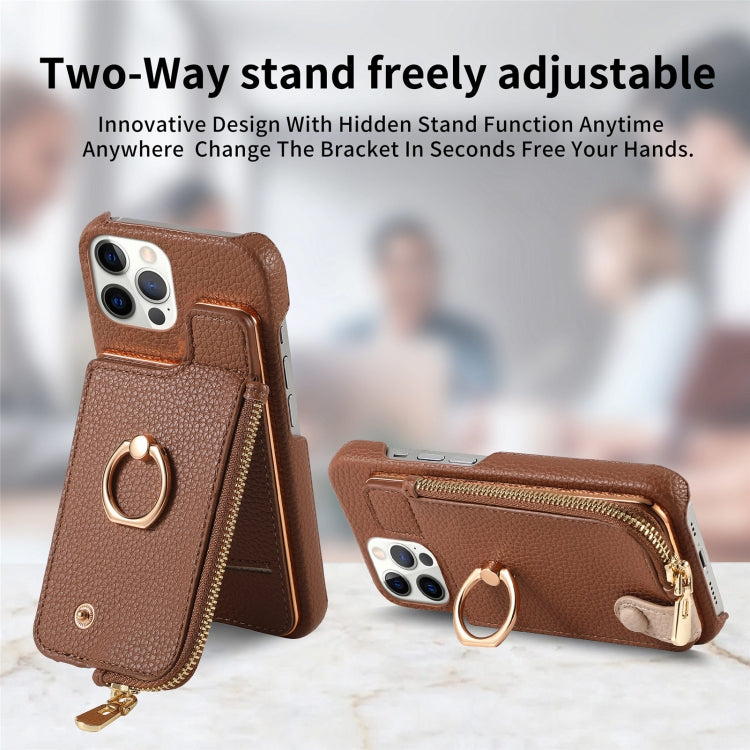 For iPhone 12 Pro Litchi Leather Oil Edge Ring Zipper Wallet Back Phone Case(Brown) - iPhone 12 / 12 Pro Cases by buy2fix | Online Shopping UK | buy2fix