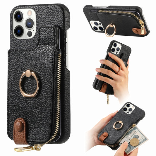 For iPhone 12 Pro Litchi Leather Oil Edge Ring Zipper Wallet Back Phone Case(Black) - iPhone 12 / 12 Pro Cases by buy2fix | Online Shopping UK | buy2fix