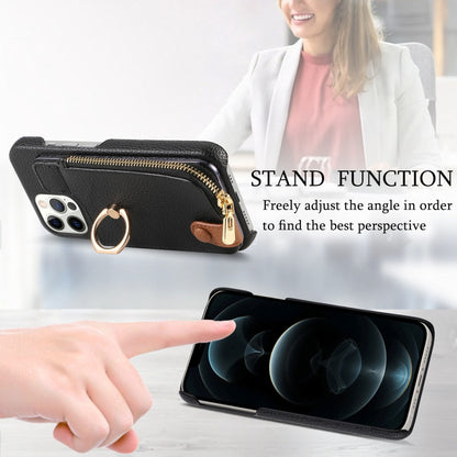 For iPhone 12 Pro Litchi Leather Oil Edge Ring Zipper Wallet Back Phone Case(Black) - iPhone 12 / 12 Pro Cases by buy2fix | Online Shopping UK | buy2fix